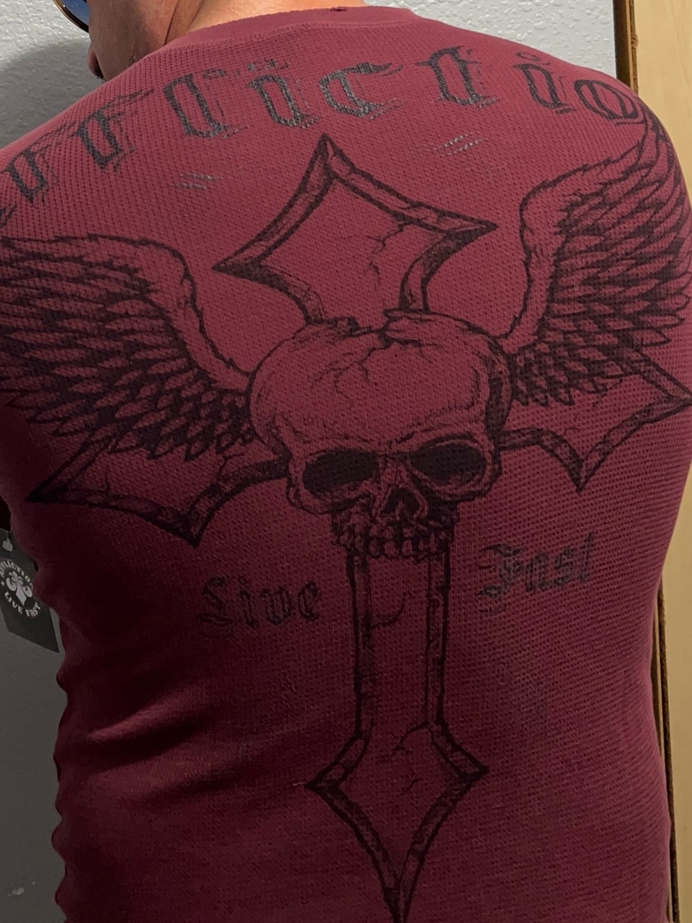 Affliction Burgundy Long Sleeve Skull & Wing Back Graphic Tee
